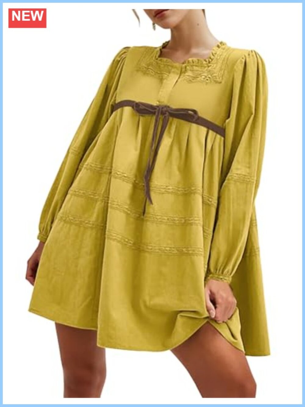Women Lace Embroidered Babydoll Mini Dress Puff Sleeve Square Neck Casual
